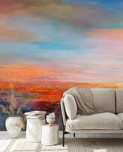 Pintura abstrata colorida de um pôr do sol com vermelhos, azuis e amarelos Pintura abstrata colorida de um pôr do sol com vermelhos, azuis e amarelos