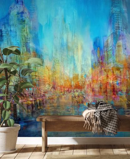 Colourful abstract river painting with blue, yellow and red hues Colourful abstract river painting with blue, yellow and red hues