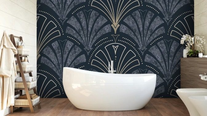 Dark blue and gold art deco wallpaper