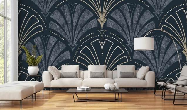 Tummansininen ja kulta art deco tapetti
