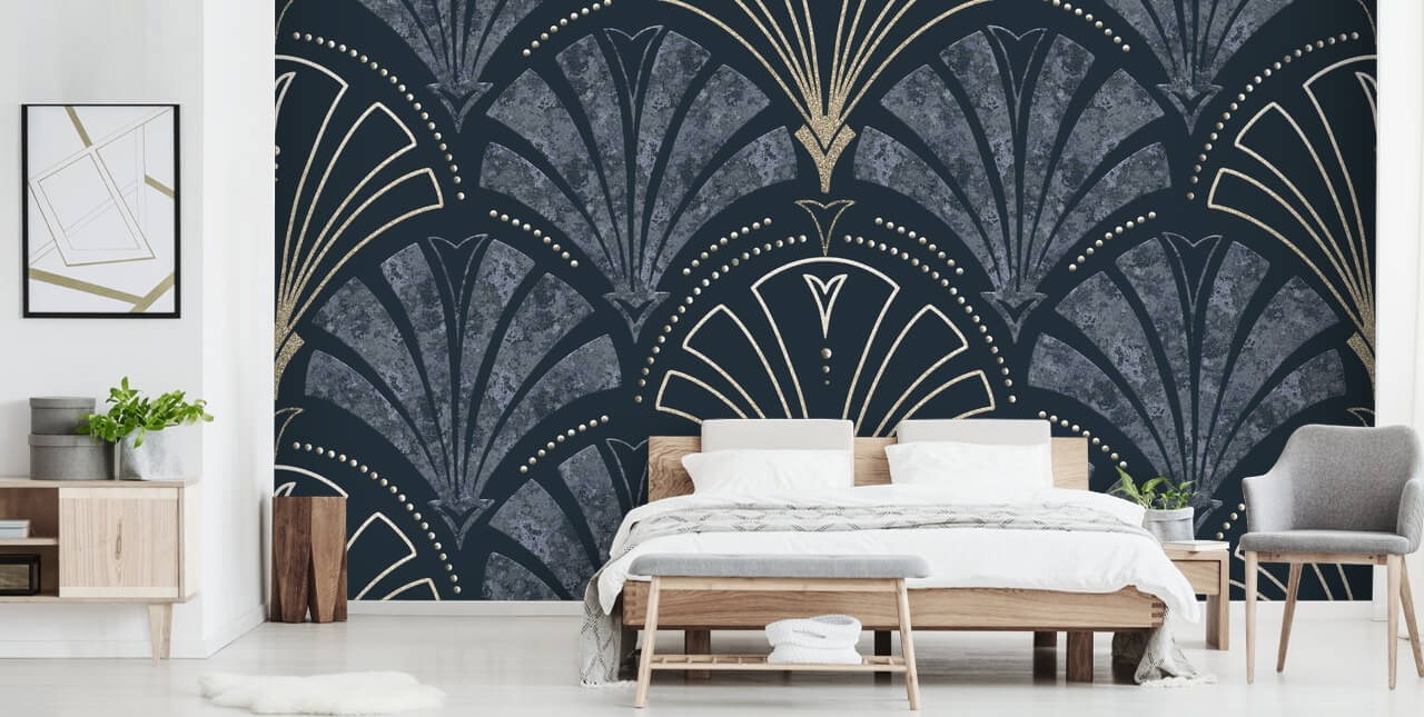 Dark blue and gold art deco wallpaper