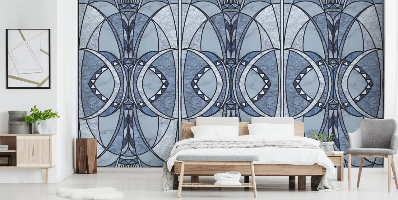 Lys og mørk blå art deco tapet