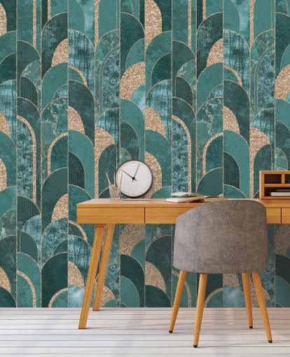 Papel de parede art déco escuro e claro com formas douradas Papel de parede art déco escuro e claro com formas douradas