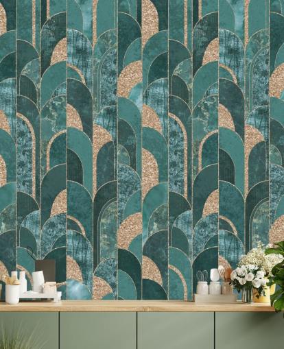 Papel de parede art déco escuro e claro com formas douradas Papel de parede art déco escuro e claro com formas douradas