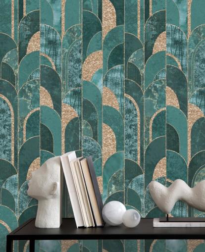 Papel pintado art decó verde azulado oscuro y claro con formas doradas Papel pintado art decó verde azulado oscuro y claro con formas doradas