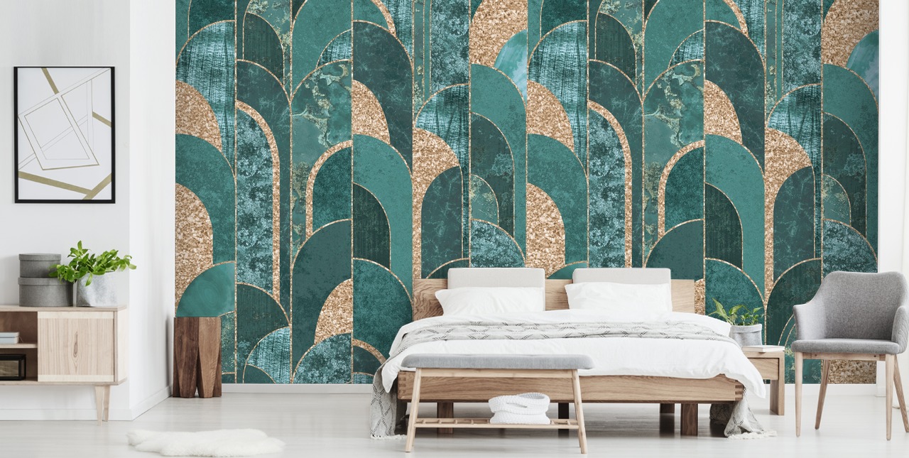 Dark and light teal with golden shapes art deco wallpaper