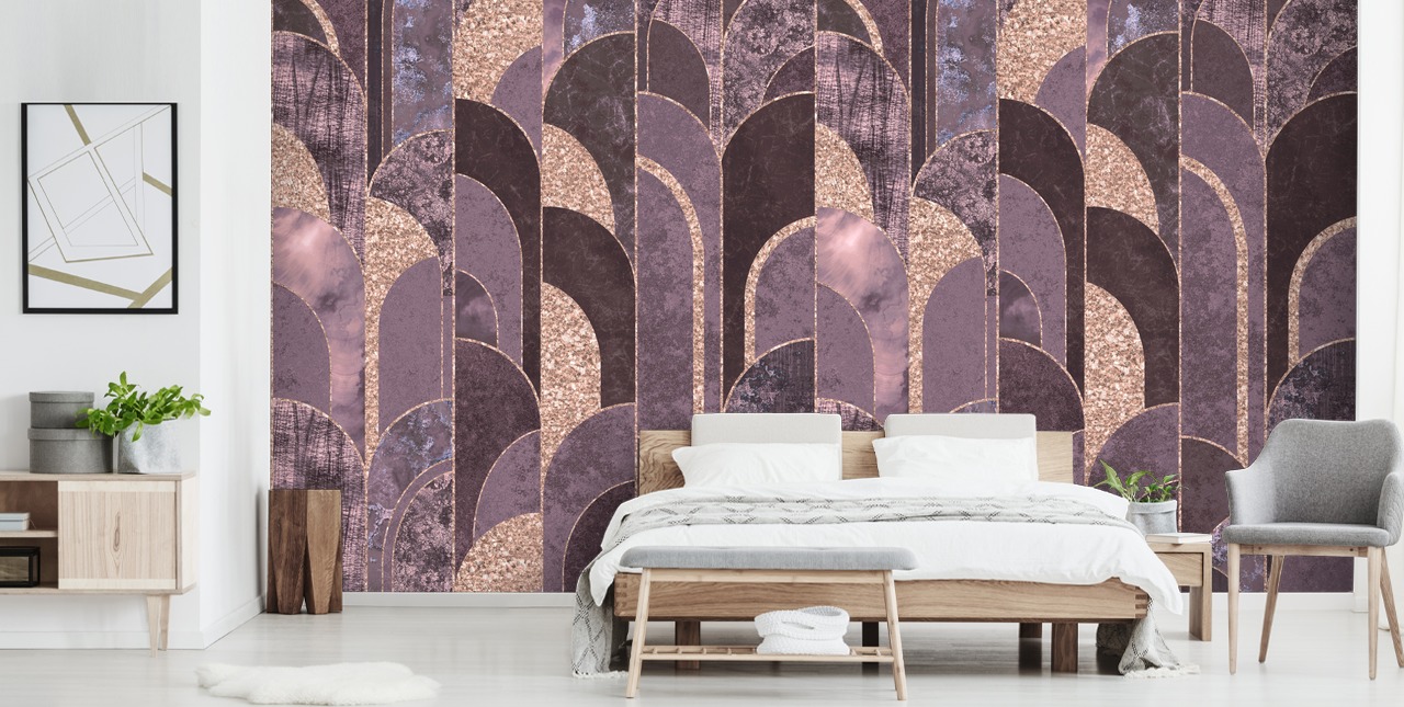 Art Deco-behang in paars en roségoud