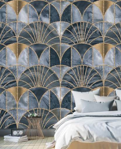 Papel pintado art deco azul y dorado Papel pintado art deco azul y dorado