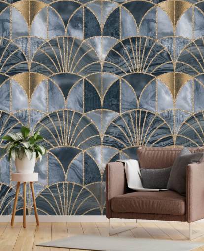 Papel de parede art déco azul e dourado Papel de parede art déco azul e dourado