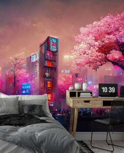murale fantasy rosa personalizzabile chiamato Pink Fantasy Cityscape per camere da letto per adolescenti murale fantasy rosa personalizzabile chiamato Pink Fantasy Cityscape per camere da letto per adolescenti