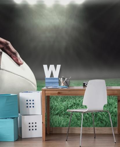 groen en zwart rugbybehang op maat genaamd Hand on Rugby Ball voor kinderkamers groen en zwart rugbybehang op maat genaamd Hand on Rugby Ball voor kinderkamers