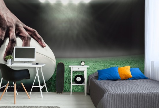 green and black custom rugby wallpaper called Hand on Rugby Ball for kid's bedrooms