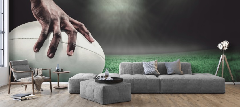 grønt og svart tilpasset rugby tapet kalt Hand on Rugby Ball for barnas soverom