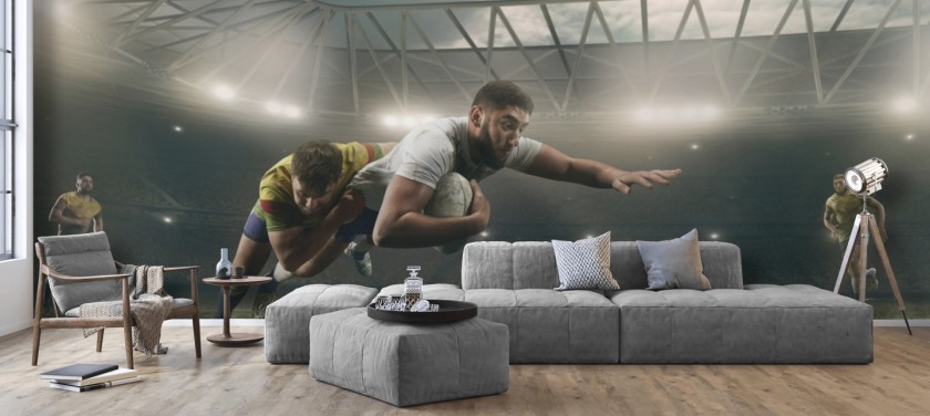 mørkt tilpasset rugby tapetmaleri kalt Rugby Tackle for treningssentre og barnas soverom