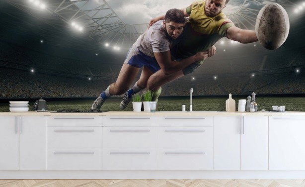 customizable rugby wallpaper mural called Scoring a Try for child's bedroom