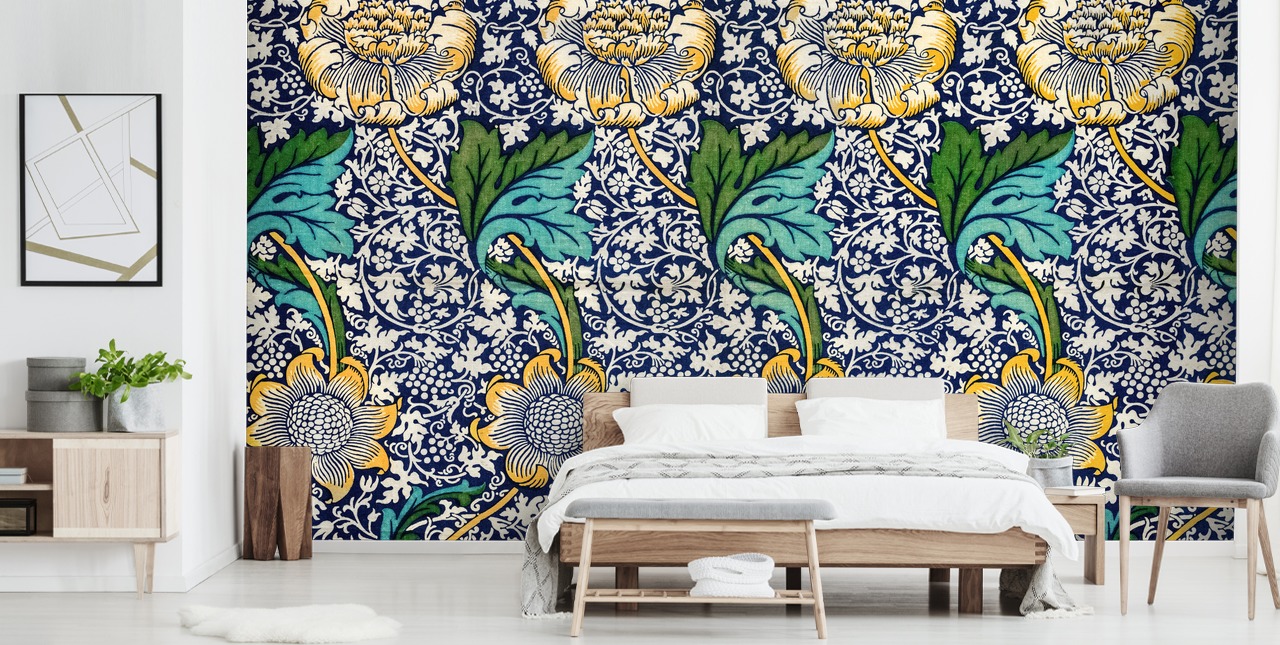 papel de parede com padrão floral azul brilhante