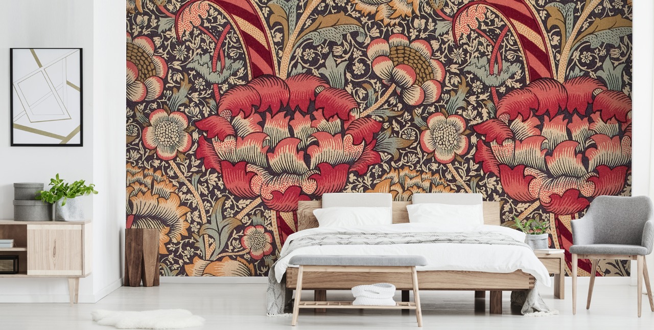 carta da parati murale con motivi rossi e blu William Morris