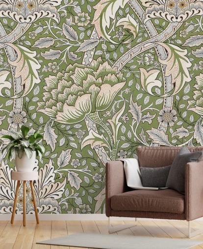 green floral patterned mural by William Morris green floral patterned mural by William Morris