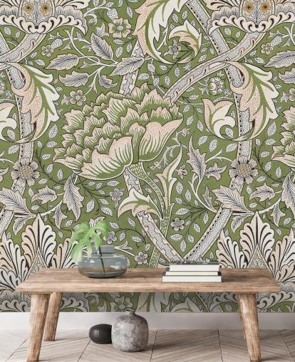 groene muurschildering met bloemenpatroon van William Morris groene muurschildering met bloemenpatroon van William Morris