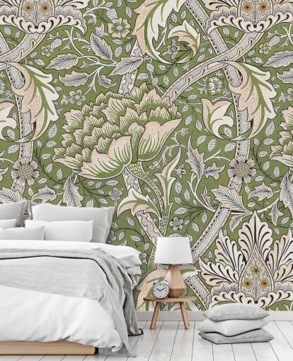 green floral patterned mural by William Morris green floral patterned mural by William Morris