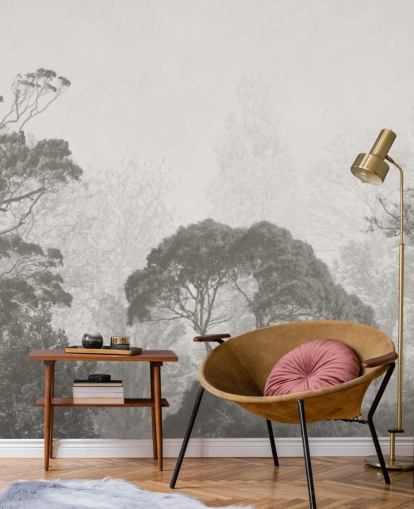 svart og hvitt skogtapet veggmaleri kalt Vintage Illustration of Trees for soverom, stuer og kjøkken svart og hvitt skogtapet veggmaleri kalt Vintage Illustration of Trees for soverom, stuer og kjøkken