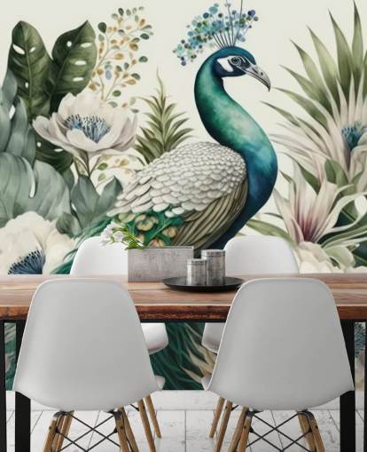 Grünes Pfauentapeten-Wandbild namens Tropical Green Peacock für Schlafzimmer und Wohnzimmer Grünes Pfauentapeten-Wandbild namens Tropical Green Peacock für Schlafzimmer und Wohnzimmer