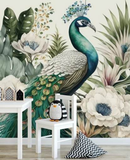 groene pauw behangmuurschildering genaamd Tropical Green Peacock voor slaapkamers en woonkamers groene pauw behangmuurschildering genaamd Tropical Green Peacock voor slaapkamers en woonkamers