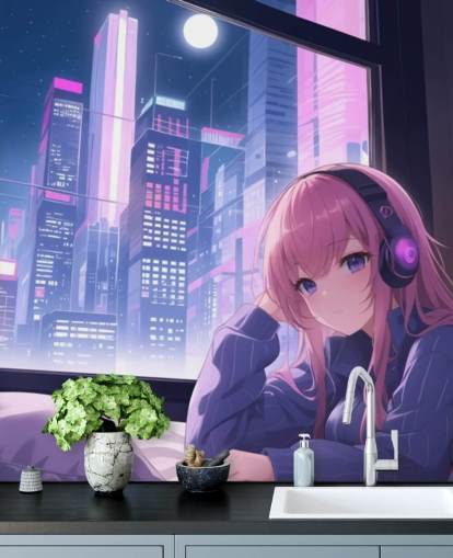 murale anime personalizzabile viola e rosa chiamato Lo-Fi Girl Chilling per camere da letto per adolescenti murale anime personalizzabile viola e rosa chiamato Lo-Fi Girl Chilling per camere da letto per adolescenti