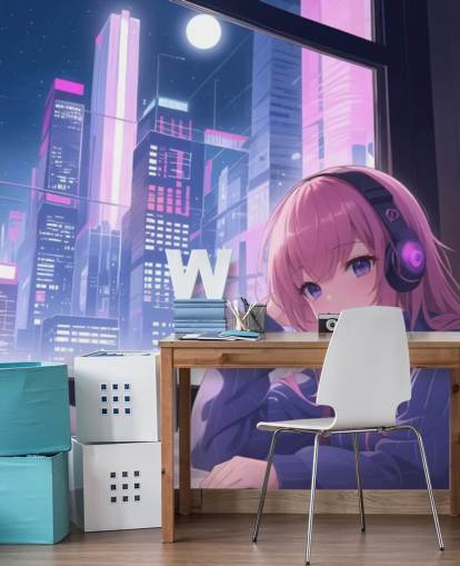 violetti ja vaaleanpunainen muokattava anime-seinämaalaus nimeltä Lo-Fi Girl Chilling teini-ikäisten makuuhuoneisiin violetti ja vaaleanpunainen muokattava anime-seinämaalaus nimeltä Lo-Fi Girl Chilling teini-ikäisten makuuhuoneisiin