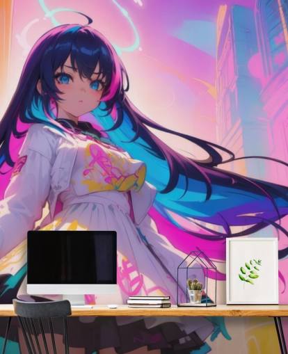 pink, blue and yellow anime wall mural called Neon Graffiti Girl for teen bedrooms pink, blue and yellow anime wall mural called Neon Graffiti Girl for teen bedrooms
