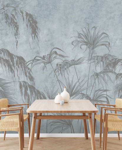 blå jungel tapetmaleri kalt Eksotiske planter på en betongvegg for soverom og spiserom blå jungel tapetmaleri kalt Eksotiske planter på en betongvegg for soverom og spiserom