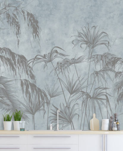 blue jungle wallpaper mural called Exotic Plants On A Concrete Wall for bedrooms and dining rooms blue jungle wallpaper mural called Exotic Plants On A Concrete Wall for bedrooms and dining rooms