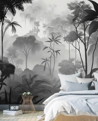 black and white foggy tropical forest mural black and white foggy tropical forest mural