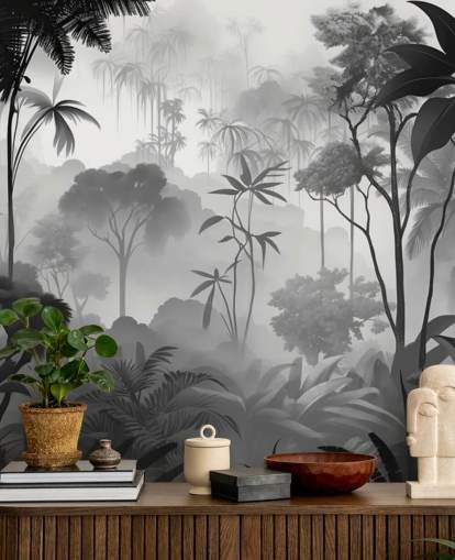 sort og hvid tåget tropisk skov vægmaleri sort og hvid tåget tropisk skov vægmaleri