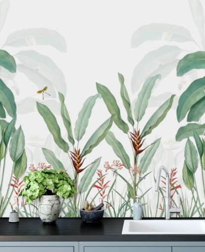 grøn og hvid jungle tapet vægmaleri kaldet Tropical Landscape With Palms til soveværelser, stuer og gange grøn og hvid jungle tapet vægmaleri kaldet Tropical Landscape With Palms til soveværelser, stuer og gange