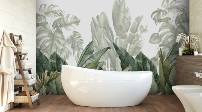 Papel de parede mural de folhas tropicais agrupadas verdes