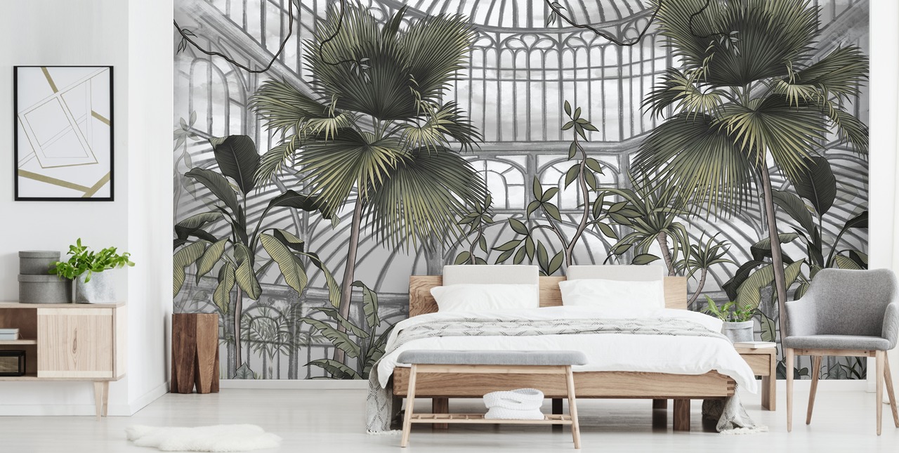 carta da parati murale con effetto serra chiamata Tropical Greenhouse per abitazioni e aziende