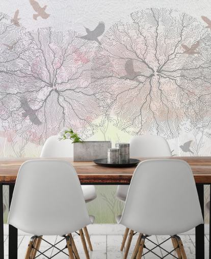 papel de parede abstrato com estampa de árvores e pássaros papel de parede abstrato com estampa de árvores e pássaros