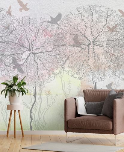 abstract behang met boom- en vogelprint abstract behang met boom- en vogelprint