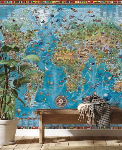 Weltkarten-Wandbild mit Tieren Weltkarten-Wandbild mit Tieren