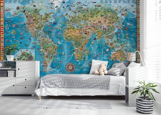 world map mural with animals