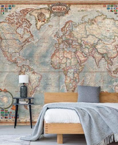blue and brown world map mural called Executive Map for home offices and bedrooms blue and brown world map mural called Executive Map for home offices and bedrooms