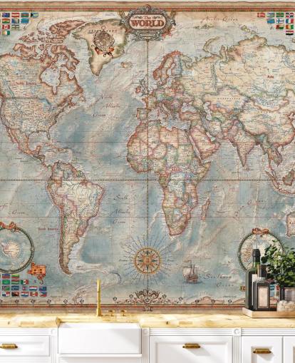 blue and brown world map mural called Executive Map for home offices and bedrooms blue and brown world map mural called Executive Map for home offices and bedrooms