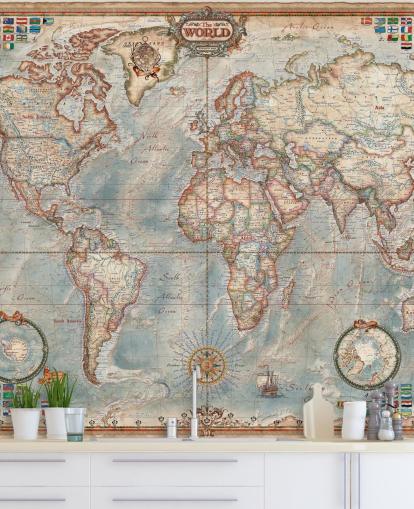 sininen ja ruskea maailmankartan seinämaalaus nimeltä Executive Map kotitoimistoihin ja makuuhuoneisiin sininen ja ruskea maailmankartan seinämaalaus nimeltä Executive Map kotitoimistoihin ja makuuhuoneisiin