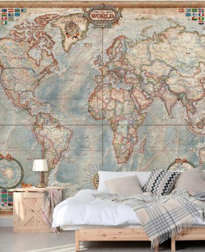 sininen ja ruskea maailmankartan seinämaalaus nimeltä Executive Map kotitoimistoihin ja makuuhuoneisiin sininen ja ruskea maailmankartan seinämaalaus nimeltä Executive Map kotitoimistoihin ja makuuhuoneisiin