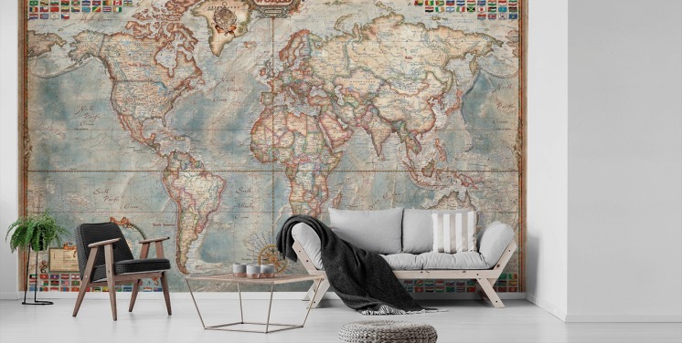 mural de mapa-múndi azul e marrom chamado Mapa Executivo para residências, escritórios e quartos