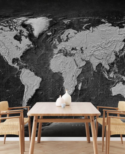 schwarz-graues Weltkarten-Wandbild namens Industrial Map Terrain Dark für Schlafzimmer und Heimbüro schwarz-graues Weltkarten-Wandbild namens Industrial Map Terrain Dark für Schlafzimmer und Heimbüro