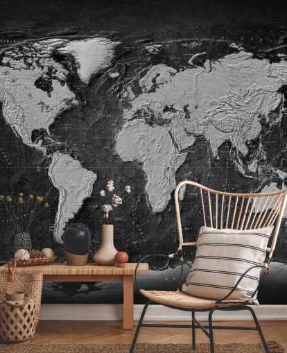 black and grey world map mural called Industrial Map Terrain Dark for bedrooms and home offices black and grey world map mural called Industrial Map Terrain Dark for bedrooms and home offices
