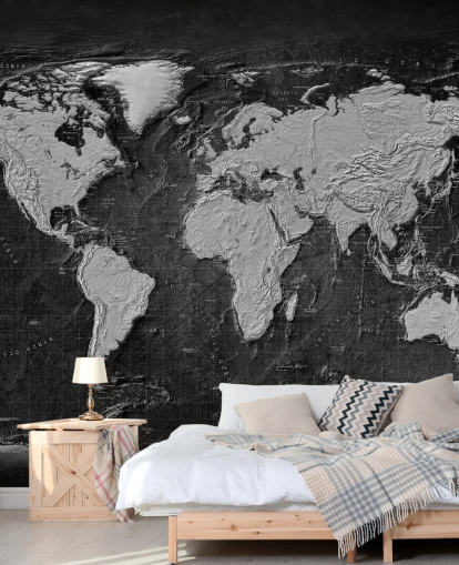 black and gray world map mural called Industrial Map Terrain Dark for bedrooms and home offices black and gray world map mural called Industrial Map Terrain Dark for bedrooms and home offices