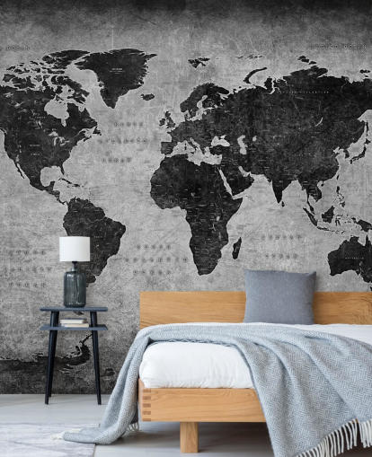 tumma maailmankartta seinämaalaus nimeltä Industrial Map makuuhuoneisiin, kotitoimistoihin ja olohuoneisiin tumma maailmankartta seinämaalaus nimeltä Industrial Map makuuhuoneisiin, kotitoimistoihin ja olohuoneisiin